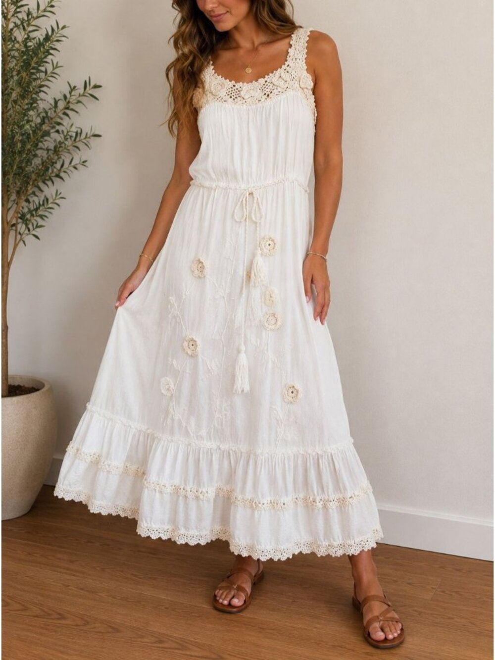 Vintage 70s Ivory White Crochet Floral Boho Sundress Fairycore Romanic Midi